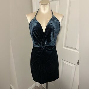 Zara Teal Velour Halter Backless Dress NWOT